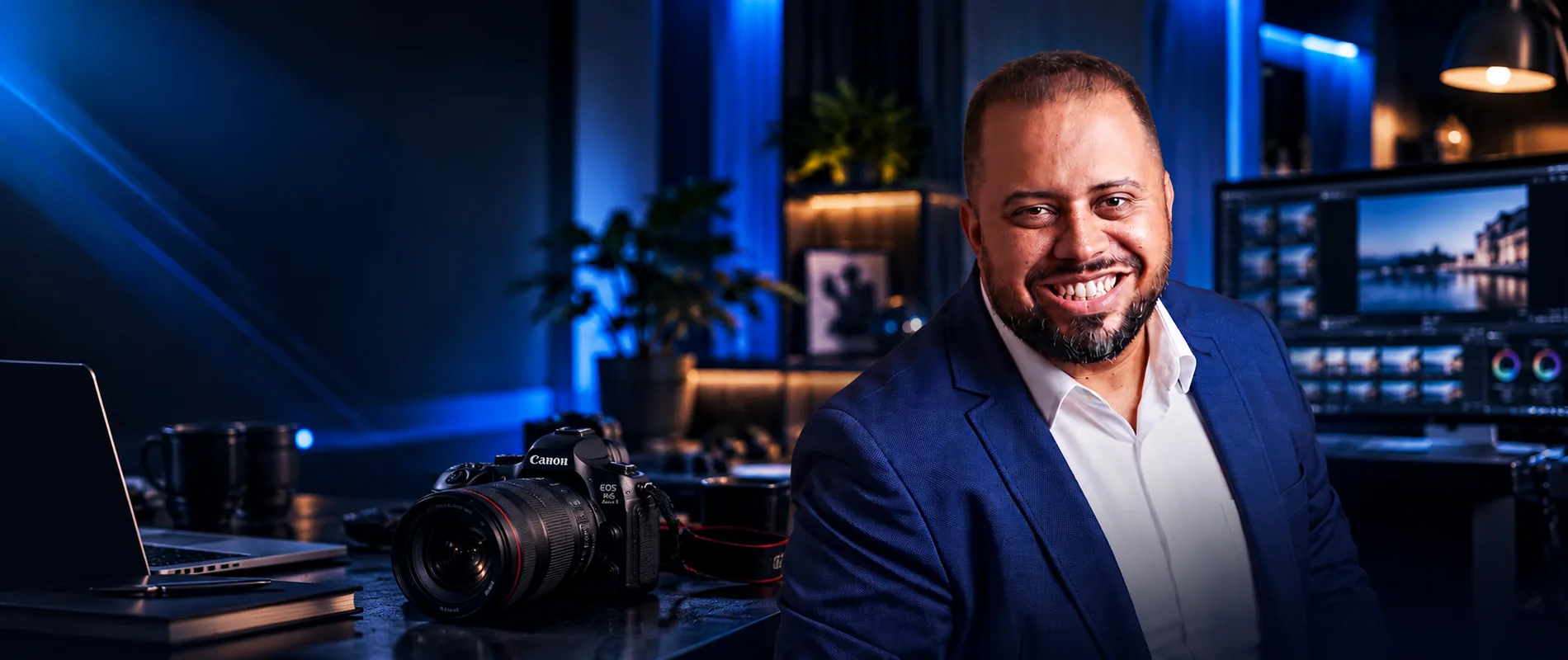 Daniel Robles sorridente, de blazer azul, no estúdio com câmara e monitores de edição